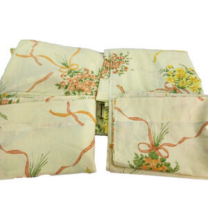 Vtg Wamsutta Double 2-Flat Sheets 2-Cases Superlin Flower Yellow Floral Muslin